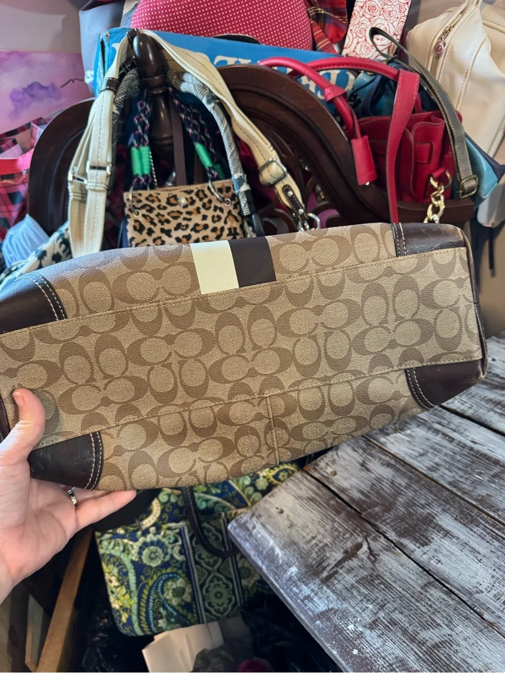 Coach Brown Signature Diaper Bag with Cream and Dark Brown Stripe